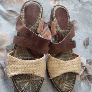 Born Women's Brown Leather & Natural Woven Slide Sandals